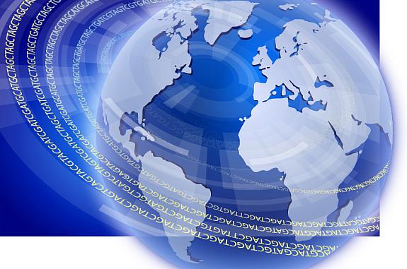 Illustration of the globe encircled by DNA sequences to convey worldwide sharing of genomic data.