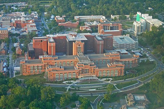Aerial photo of the NIH Clinical Center building, where the Ommaya Reservoir was developed.