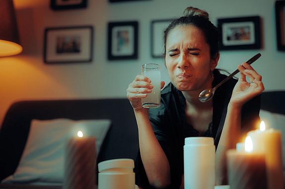 Woman on a couch grimacing at the taste of a drink she has mixed.
