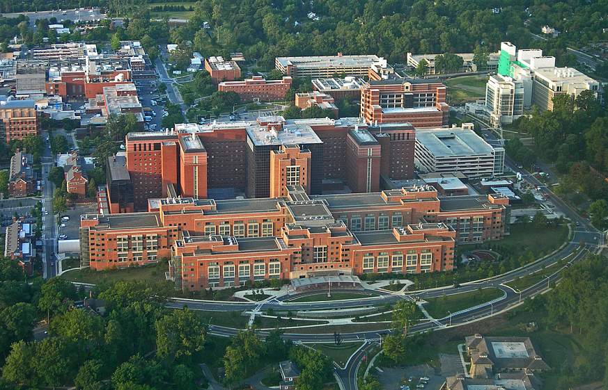 Aerial view of the NIH's Clinical Center, located on the NIH campus in Bethesda