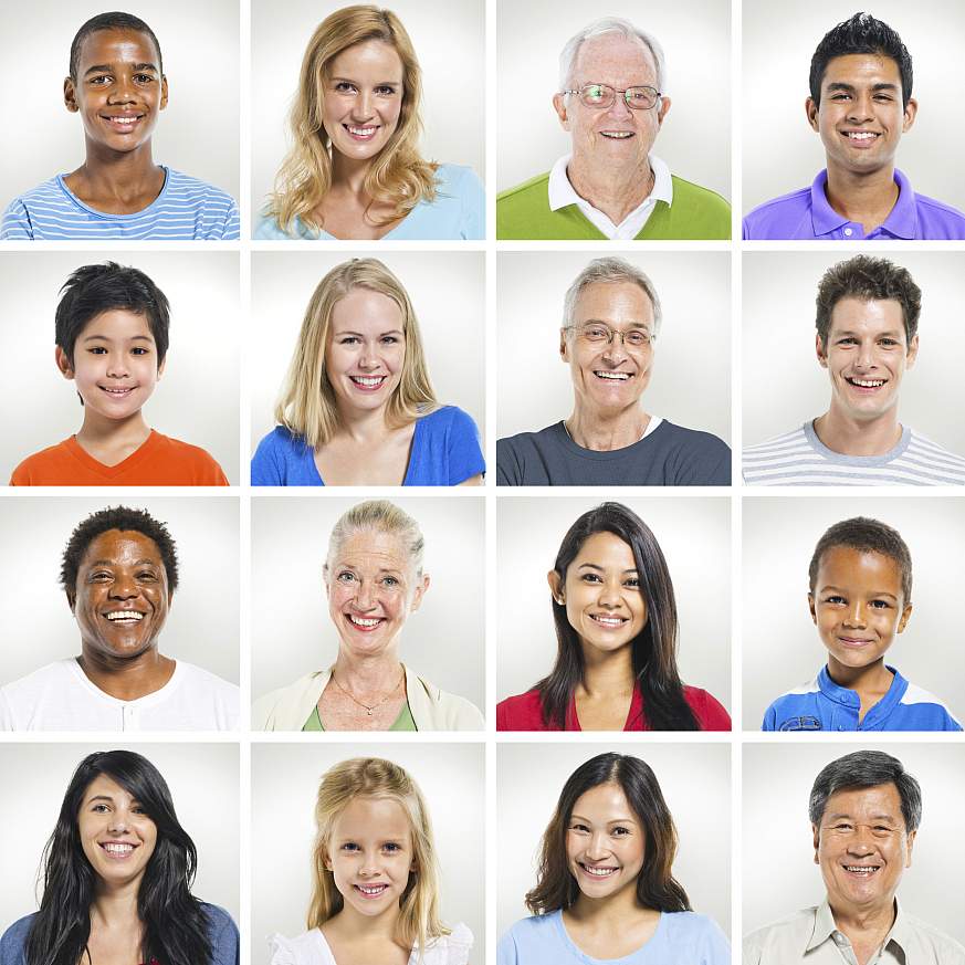 Portraits of people of different ages, races and ethnicities.