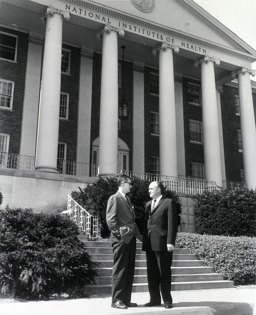 Congressman Melvin Laird (right) with NIH Director James Shannon in front of NIH’s main administration building. 