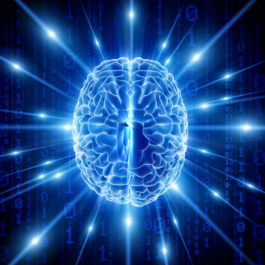 Illustration of a brain viewed from the top. Light rays emanate from the center, and digital zeros and ones form a pattern in the background.