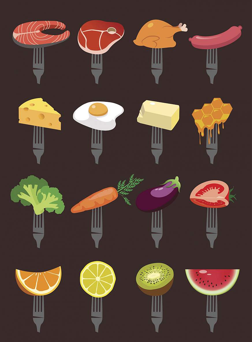 Illustration of a variety of foods on forks