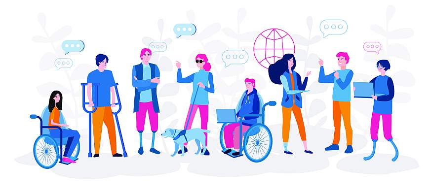 Illustration of people with different disabilities doing a variety of daily activities, including working, talking together, and walking a dog.