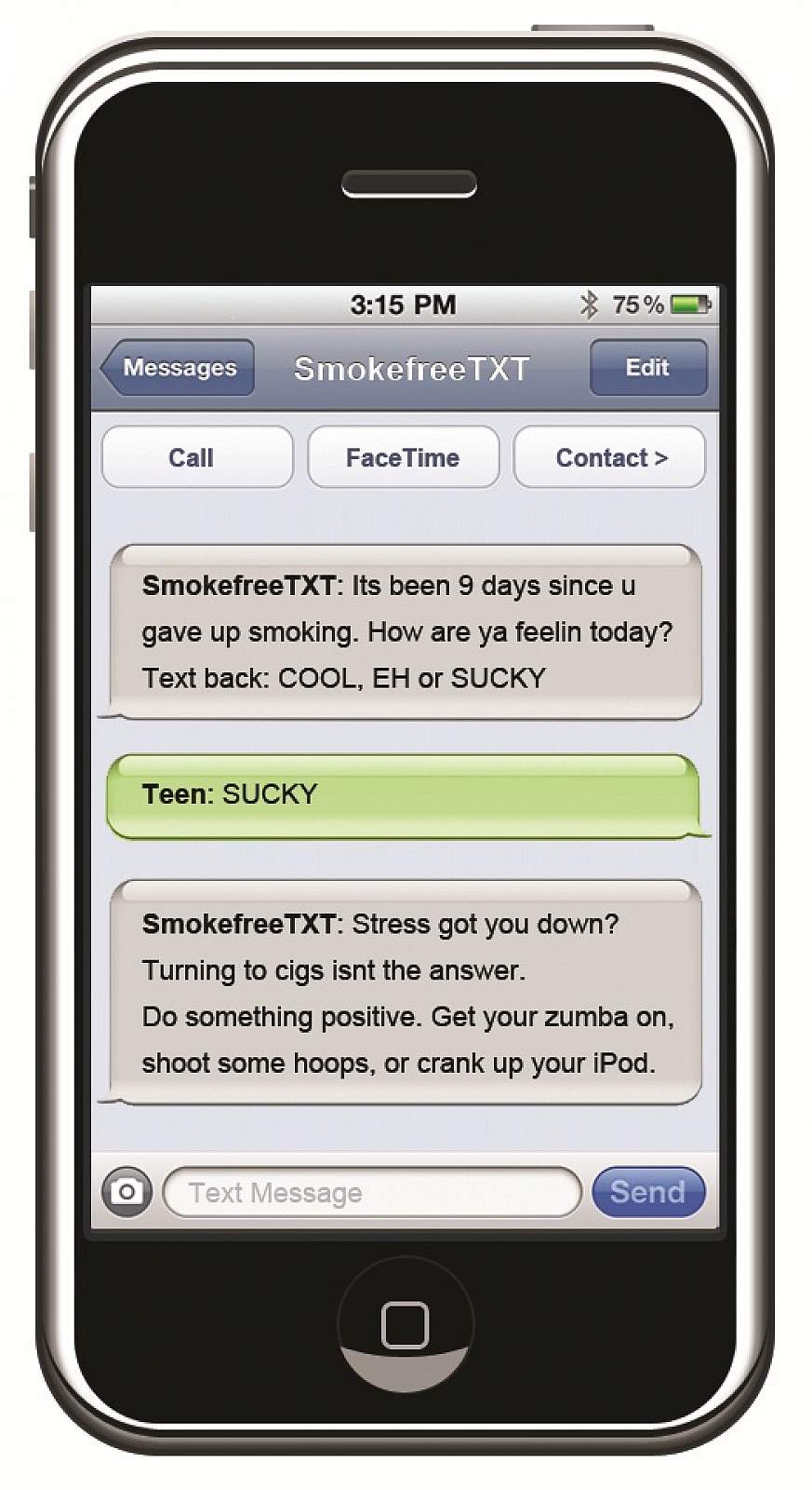 Image of iPhone with quit smoking text messages displayed.