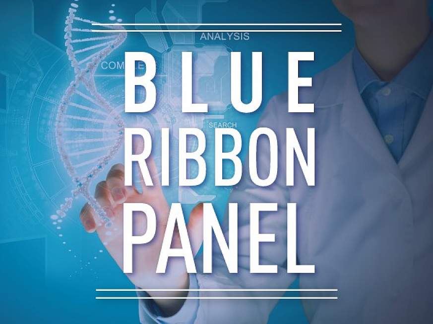 Blue Ribbon Panel text superimposed over a scientist manipulating a DNA model.