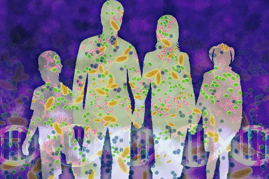 Illustration of silhouettes of people with microbes