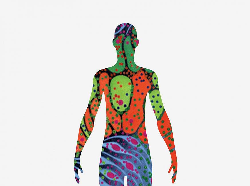 Illustration of a human silhouette filled with brightly-colored cell-like shapes