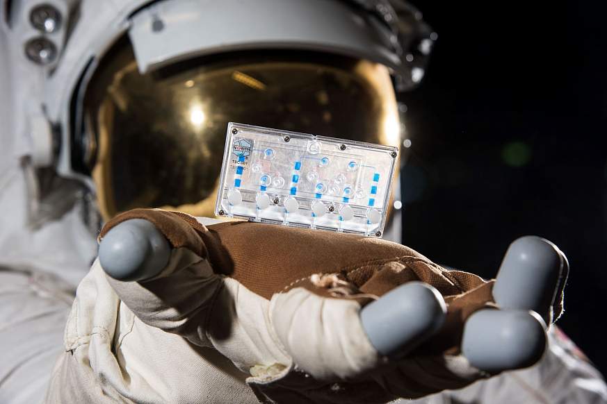 A NASA spacesuit is shown with a kidney tissue chip in hand.