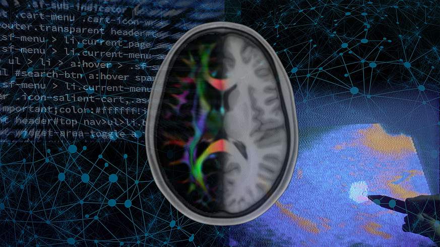 An overlaid medical image featuring a brain scan, ultrasound, and computer code.