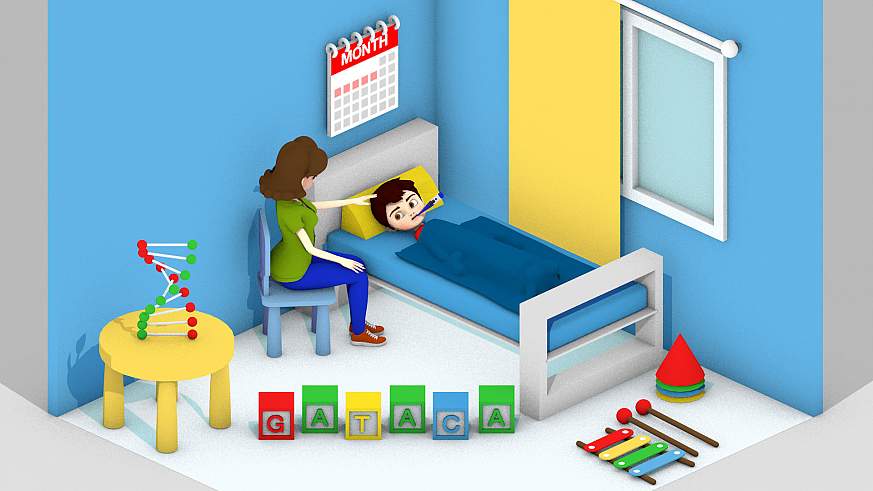 Illustration of a child in a bed with thermometer 