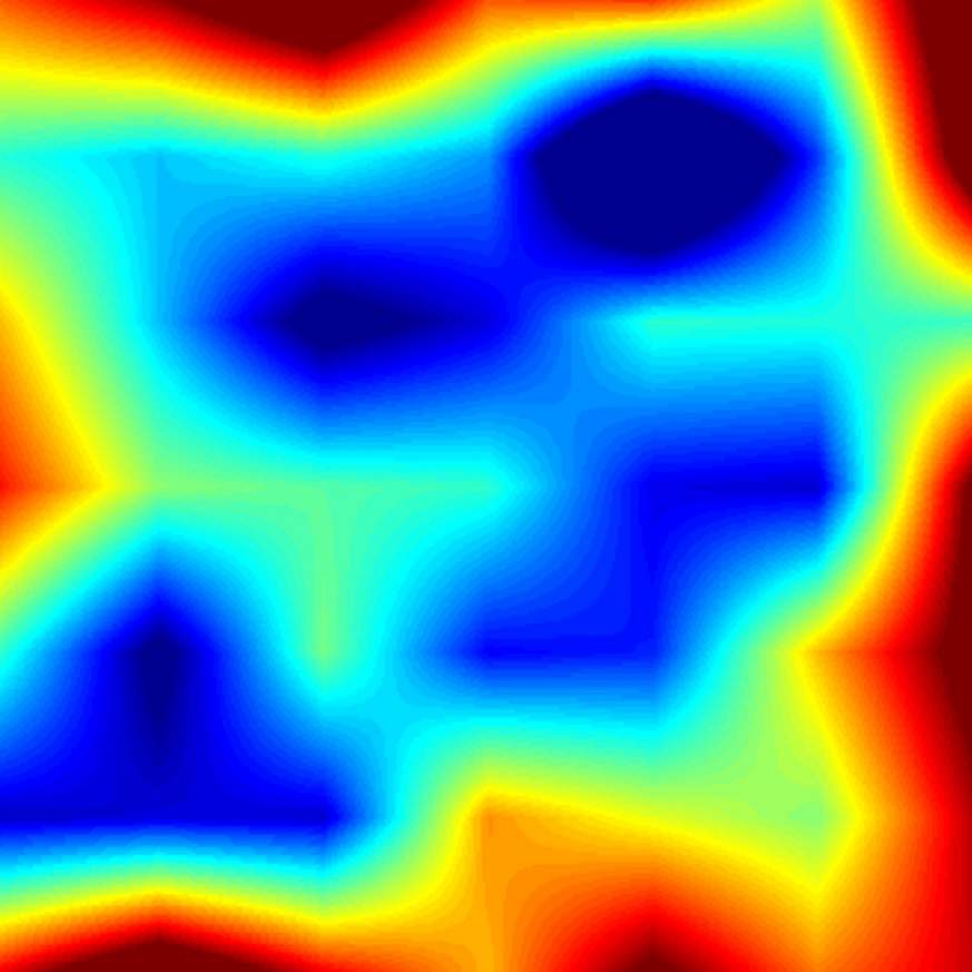 Heat map of average brain wave activity recorded as volunteer epilepsy patients walked around a room searching for a hidden spot. Red represents strongest theta wave activity while blue represents weakest.