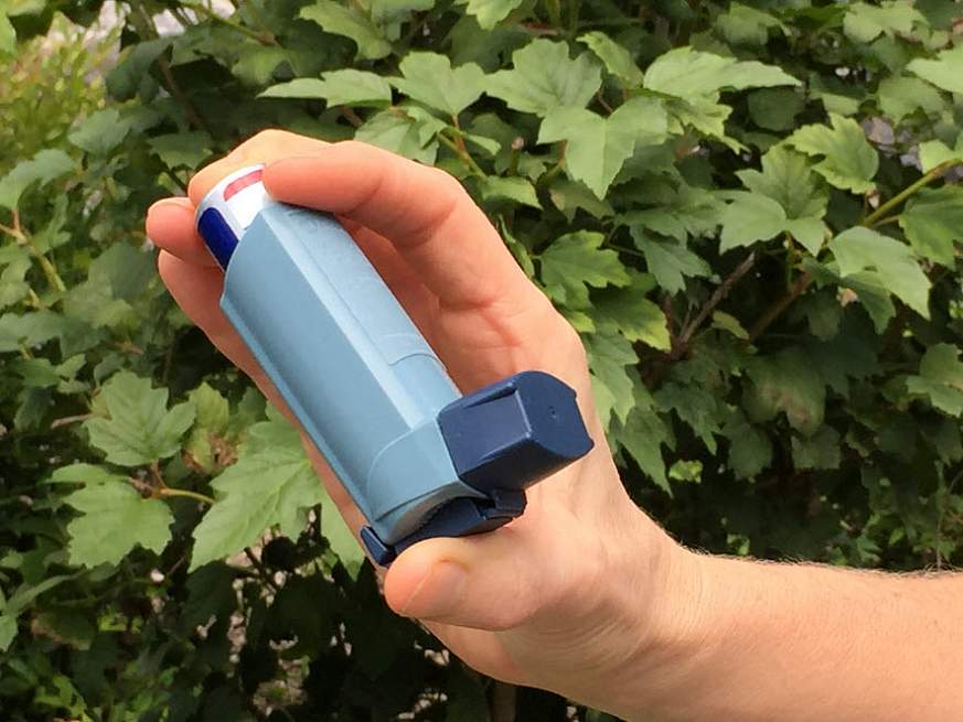 Photo of a person’s hand holding an asthma inhaler.