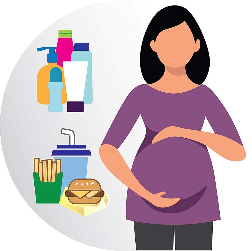 Illustration of pregnant female with beauty product and packaged fast food 