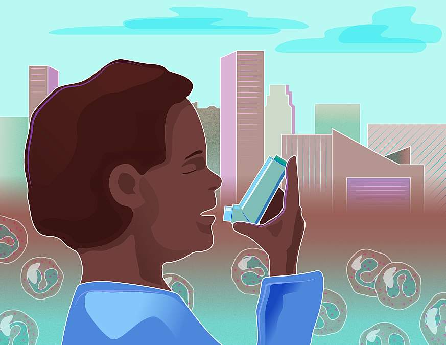 Illustration of a child using asthma inhaler