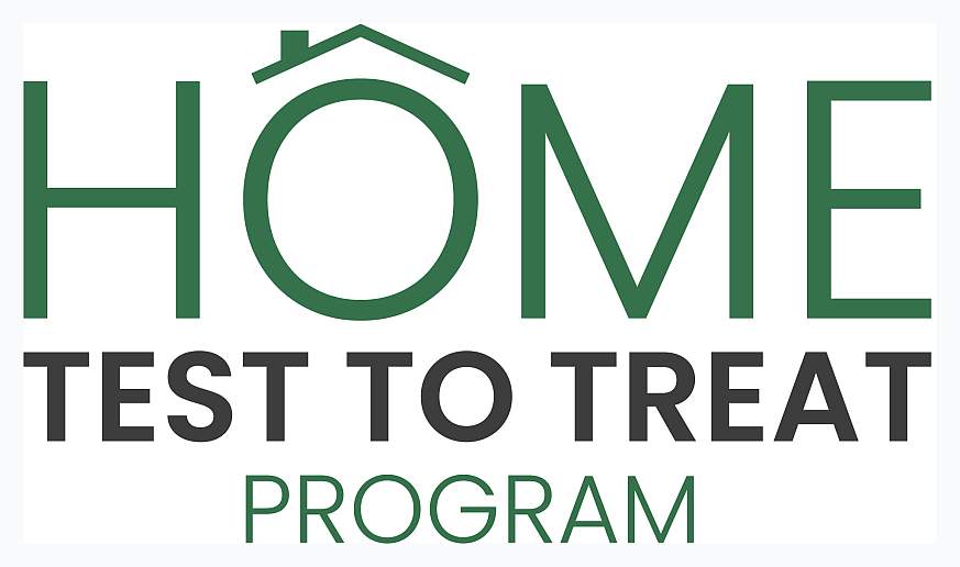 Home Test to Treat Program, Powered By eMed. Above the “o” in “Home,” there is a simple illustration of a roof and chimney. 