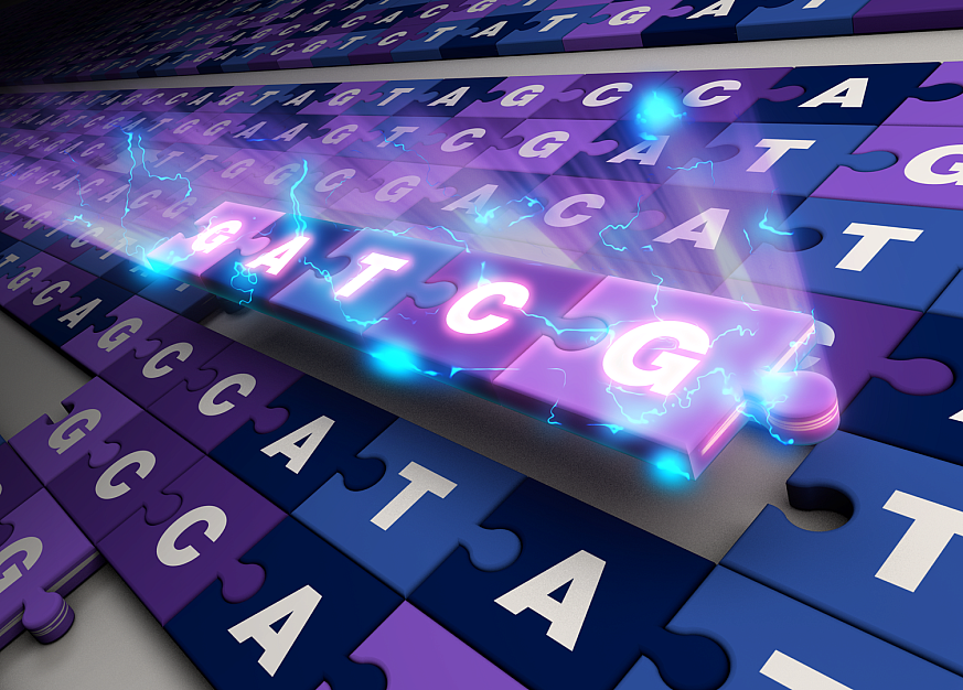 Puzzle pieces with the letters of DNA sequence fill in a gap in a larger puzzle