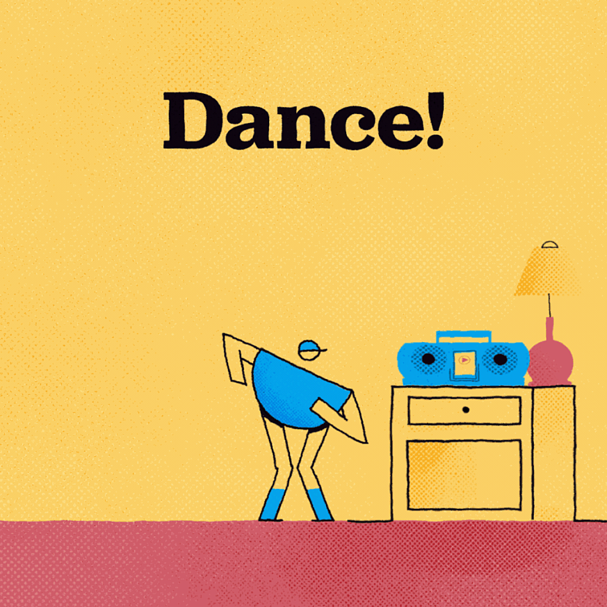 Cartoon of someone dancing to the sound of a boombox at home.