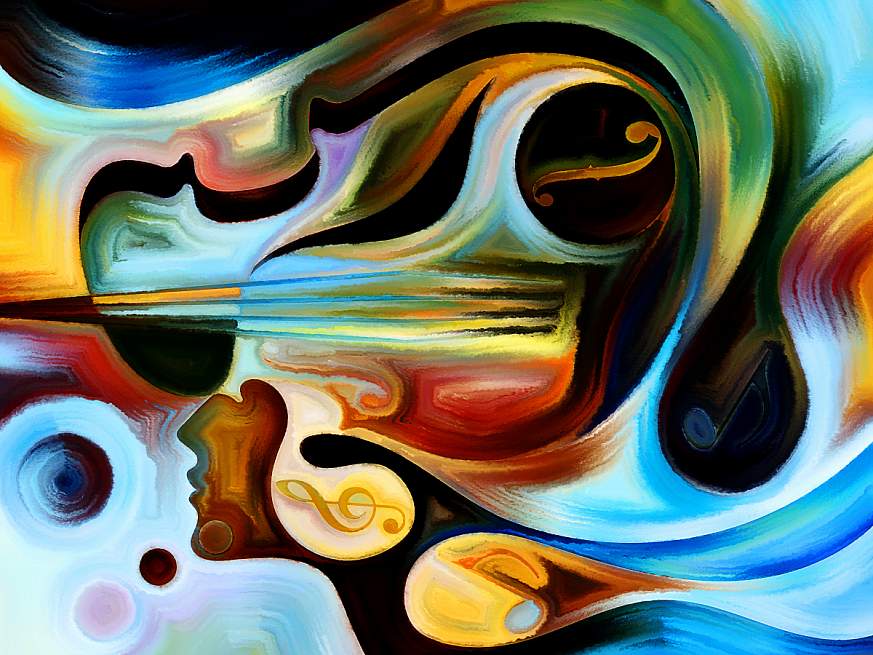 Abstract painting depicting a human head and music.