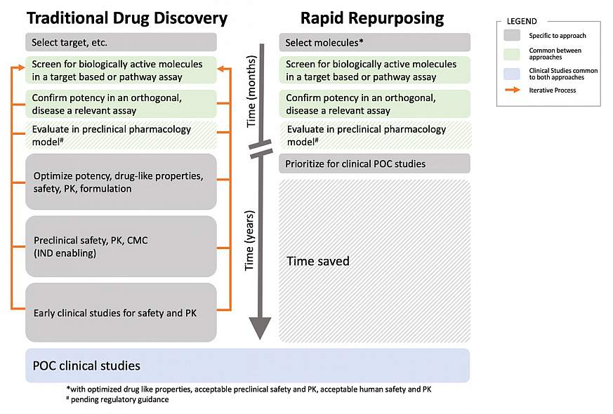 Standard “traditional” approach to drug development with an abbreviated approach suitable for pandemic conditions