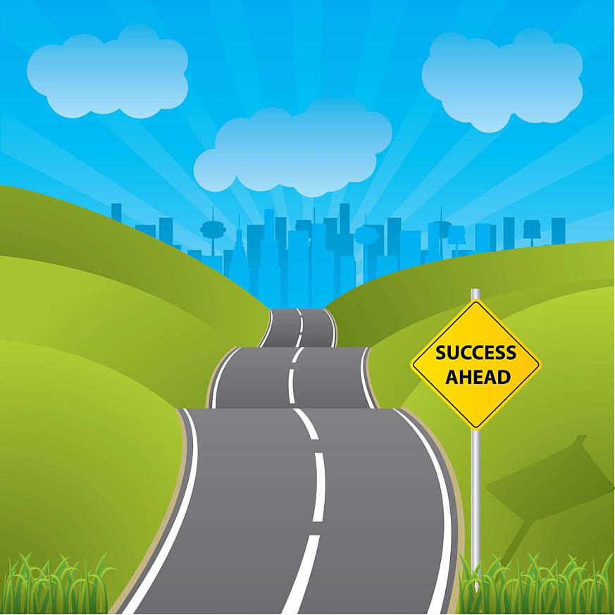 Graphic with a "Success Ahead" road sign and road leading to a skyline of a city in the horizon.