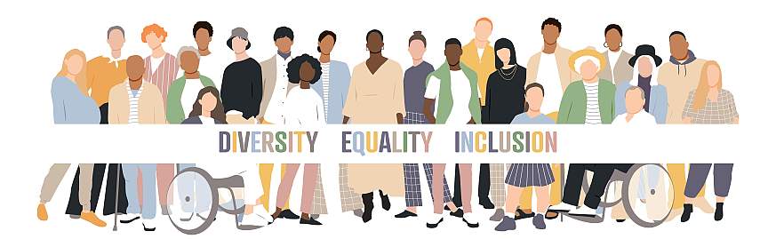 Multiple individuals from diverse backgrounds standing together, in the center the words “DIVERSITY EQUALITY INCLUSION” are written across with the letters in various colors