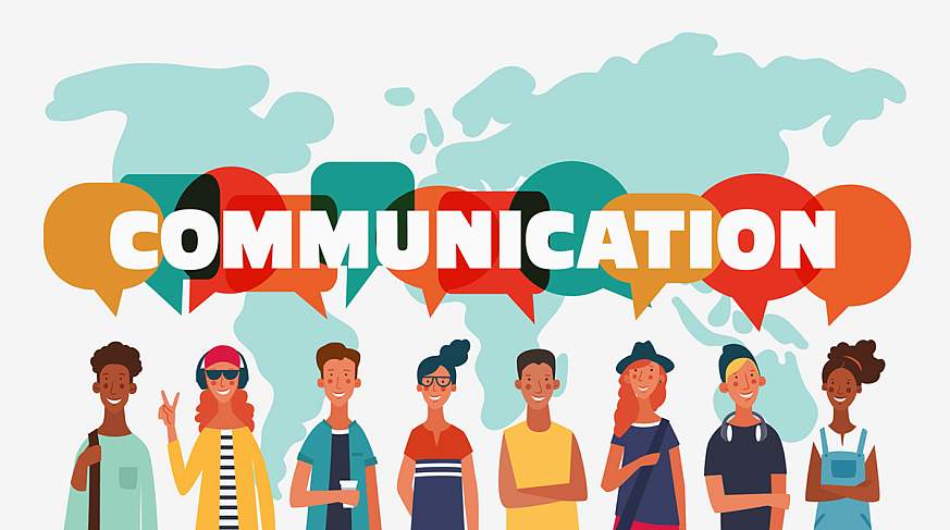 Illustration of a group of people with speech bubbles that read 'communication'.
