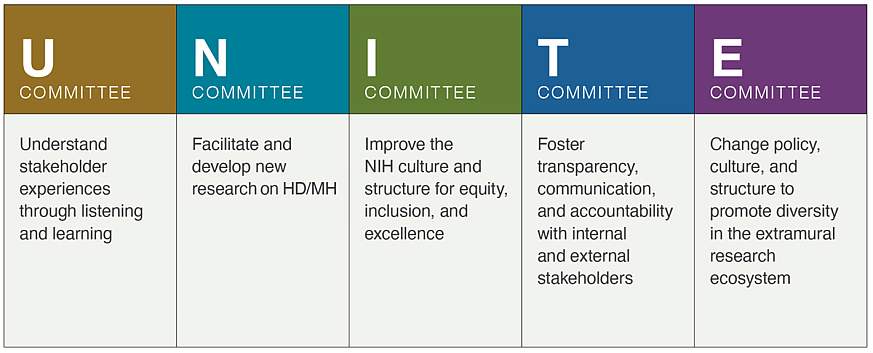 A chart listing the roles of each of the five UNITE committees. U Committee: Understand stakeholder experiences through listening and learning. N Committee: Facilitate and develop new research on HD/MH. I Committee: Improve the NIH culture and structure for equity, inclusion, and excellence. T Committee: Foster transparency, communication, and accountability with internal and external stakeholders. E Committee: Change policy, culture, and structure to promote diversity in the extramural research ecosystem.