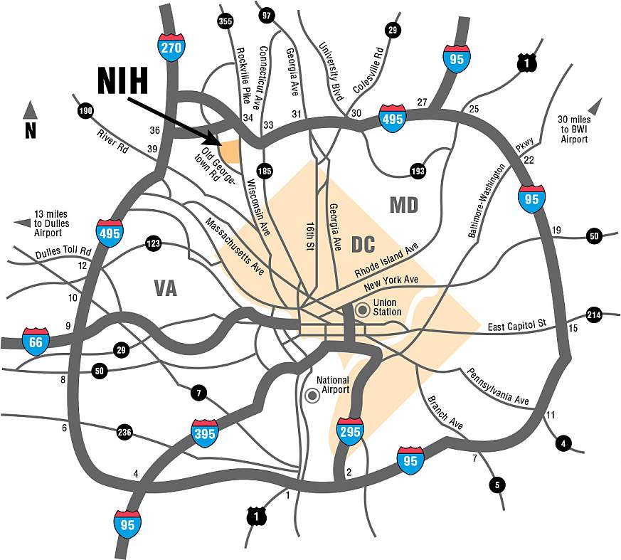 A map of the Washington, D.C., beltway showing the location of NIH.