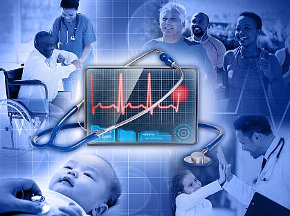 Composite graphic of health-focused imagery, with four groups of people in each of the four corners of the image surrounding a heartbeat monitor.