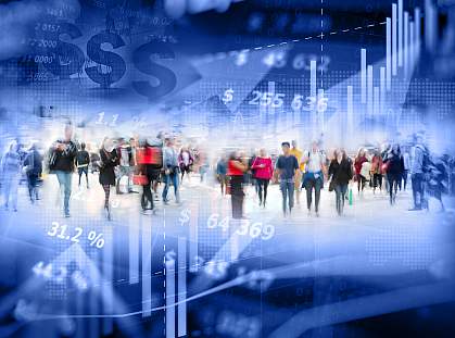 Composite graphic of imagery representing society. This includes a crowd of people in the center, surrounded by images of a stock ticker, percentages, arrows and graphs.