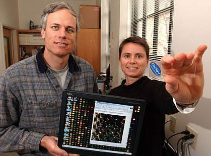 CU-Boulder Professors Robert Kuchta and Kathy Rowlen display a scanner and the Flu Chip