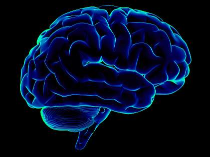 Side view of blue, stylized human brain on black background