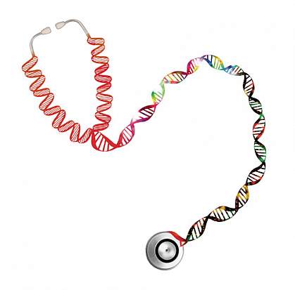 Illustration of a stethoscope with its rubber tubing replaced by DNA's double helix