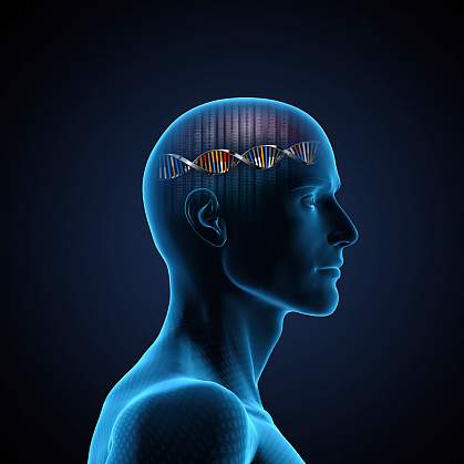 Illustration of a head with a DNA strand in place of the brain