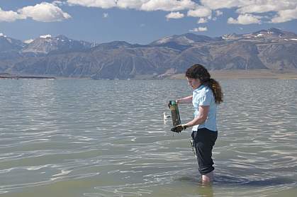 Photo of a woman standing in shallow water with a specimen jar