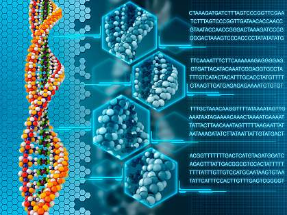 Illustration of a DNA double helix with insets showing close-up views of amino acids within.