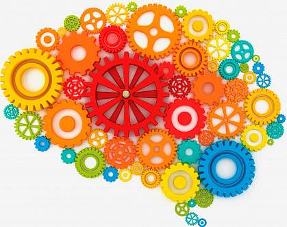 Illustration of colorful gears forming the shape of a human brain