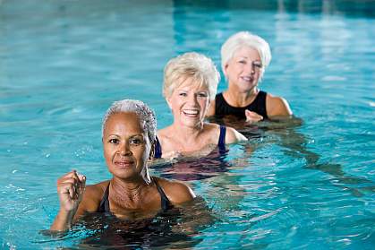 Women exercising in pool.