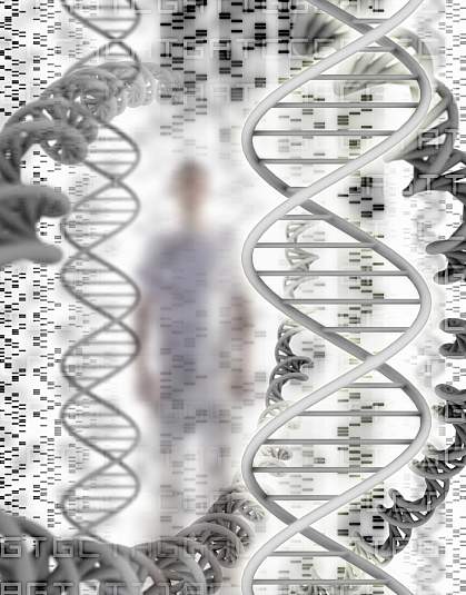 DNA sequence and helix models, with a man in the background.