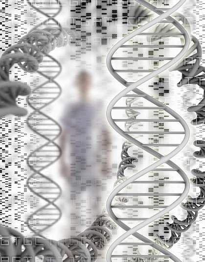 DNA sequence and helix models, with a man in the background.