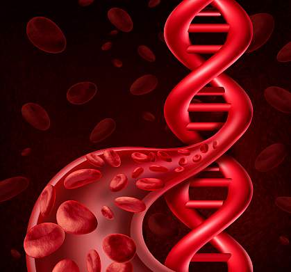 Illustration of DNA, blood cells, and a blood vessel.