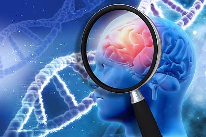 Illustration of a magnifying glass examining a human brain with a DNA background.