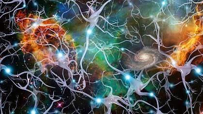Illustration of neurons with cosmic images in background
