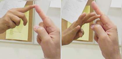 Tips of fingers are touching in left panel; they completely miss each other in left