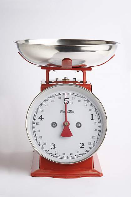 Red kitchen scale.