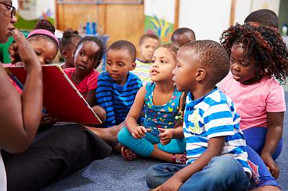 Teacher reading a book with a class of preschool children