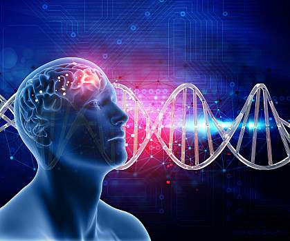 llustration of male head and brain with DNA strands in background