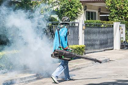 Worker spraying insecticide on a residential street